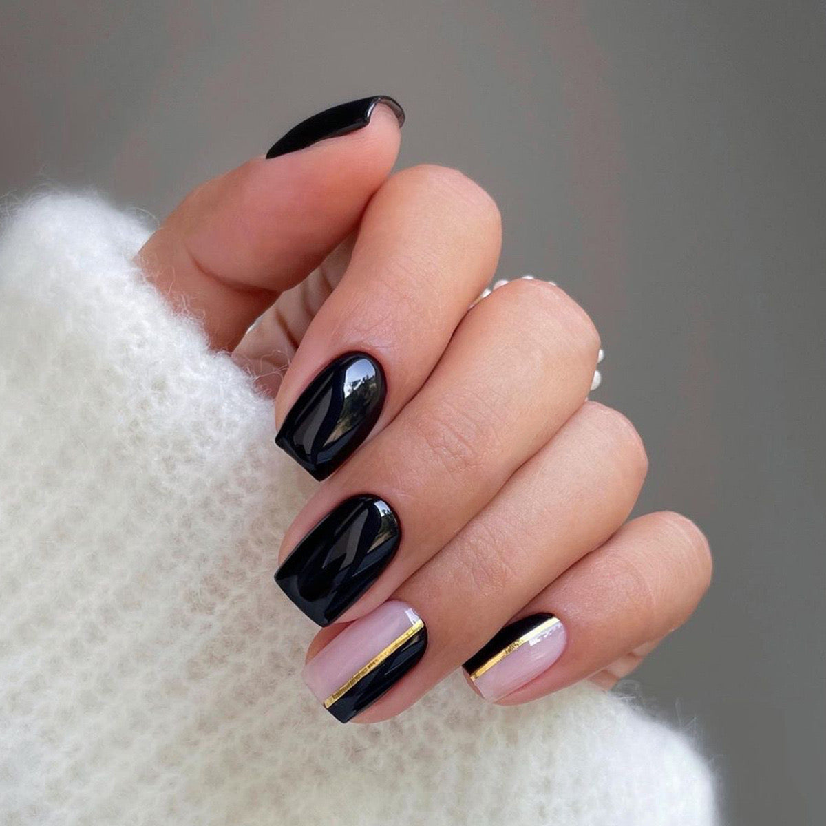 Elegance Noir Medium Square Black Press On Nails with Gold Stripe Accents