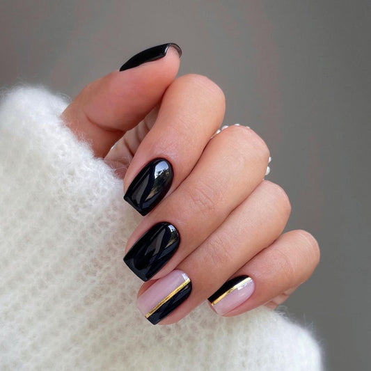 Elegance Noir Medium Square Black Press On Nails with Gold Stripe Accents