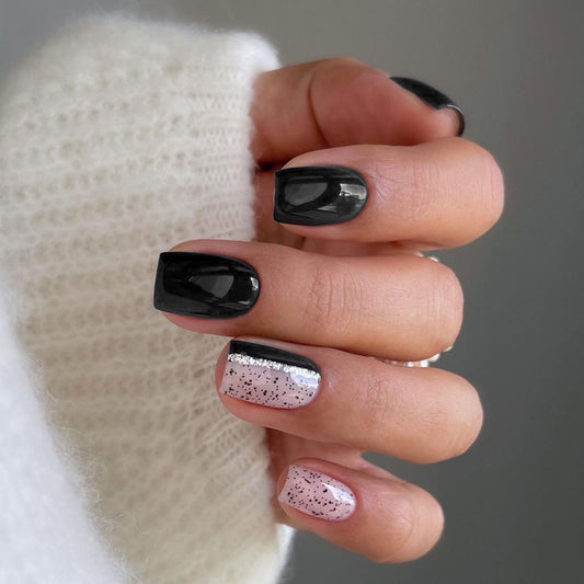 Monochrome Magic Short Square Black and White Press On Nails with Glitter Overlay