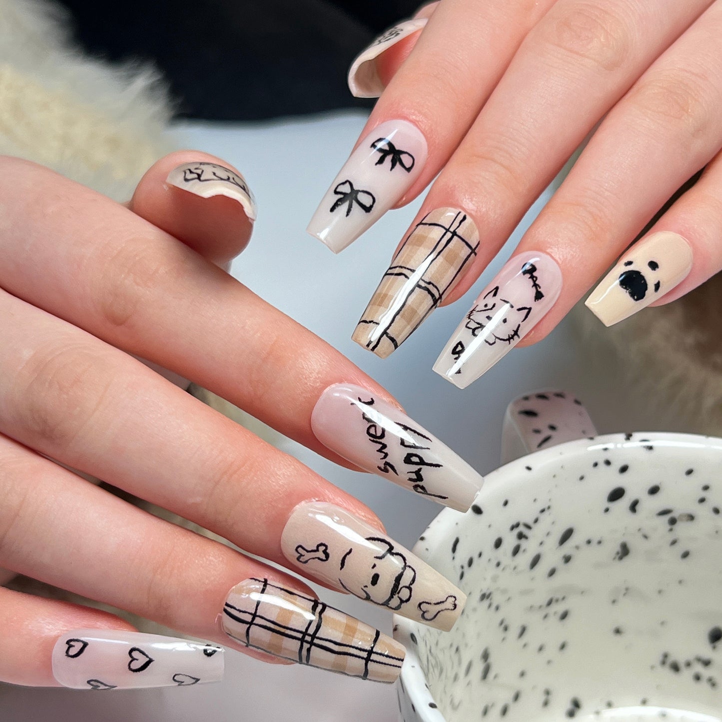Cozy Caf≈Ω Medium Coffin Beige Press-On Nails with Plaid Patterns and Cute Doodles