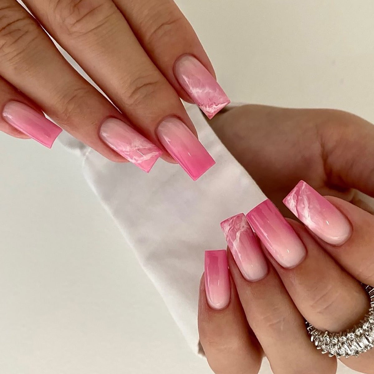 New School Long Square Pink Marble Press On Nails