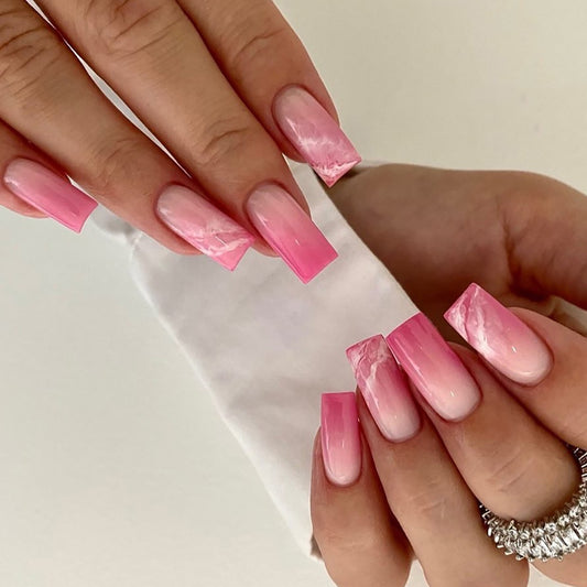 New School Long Square Pink Marble Press On Nails