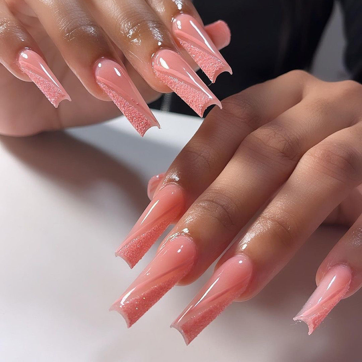 Crystal Cascade Long Coffin Baby Pink Press-On Nails with Glitter Gradient