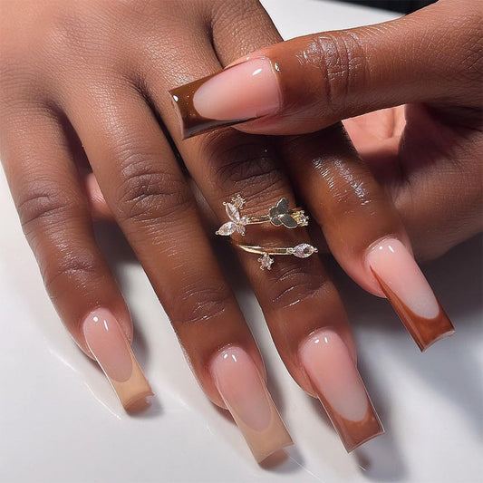 Classic Elegance Long Coffin Beige Ombre Press On Nails with Transparent Tips