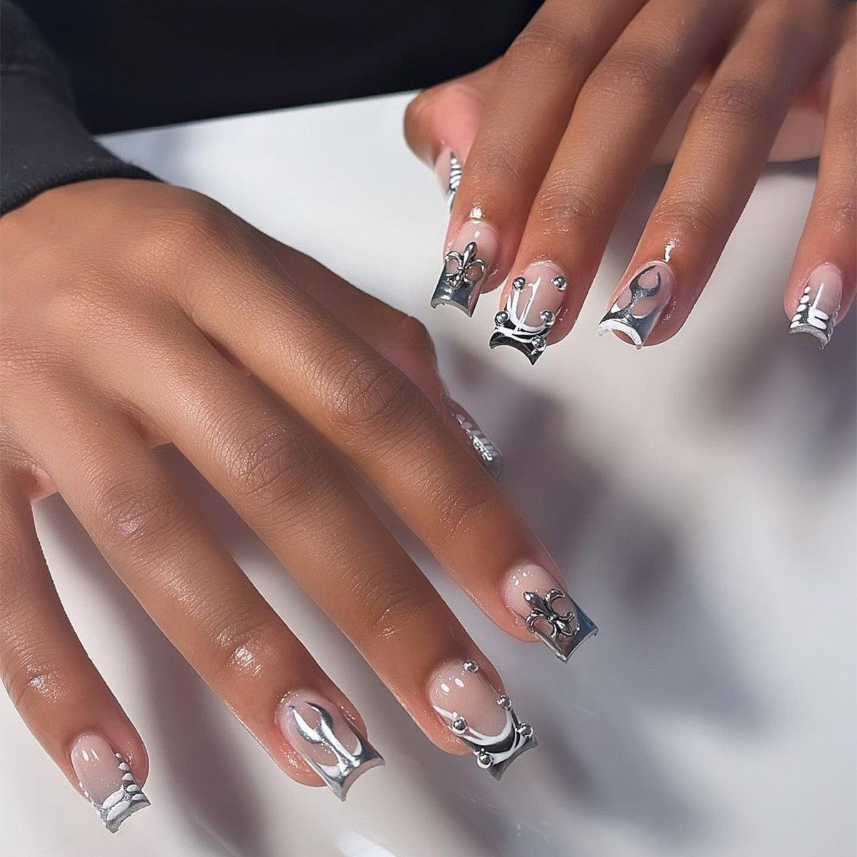 Nautical Charm Medium Square Beige Press On Nails with Silver Anchor Accents