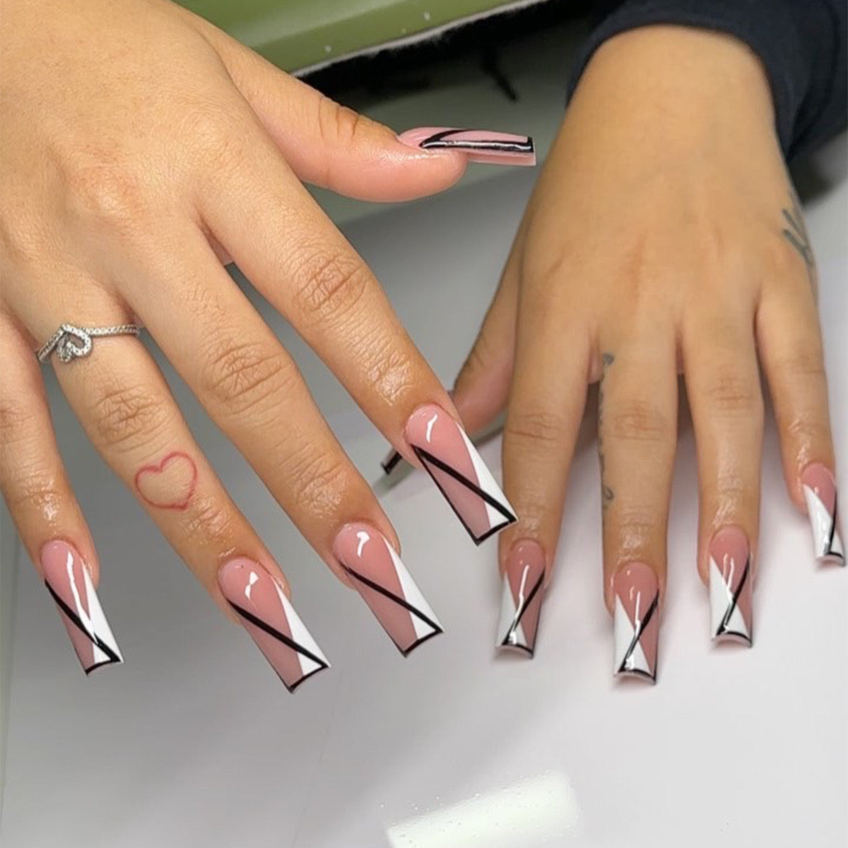 Geometric Glamour Long Coffin Pink and Black Press On Nails with Abstract Line Art Design