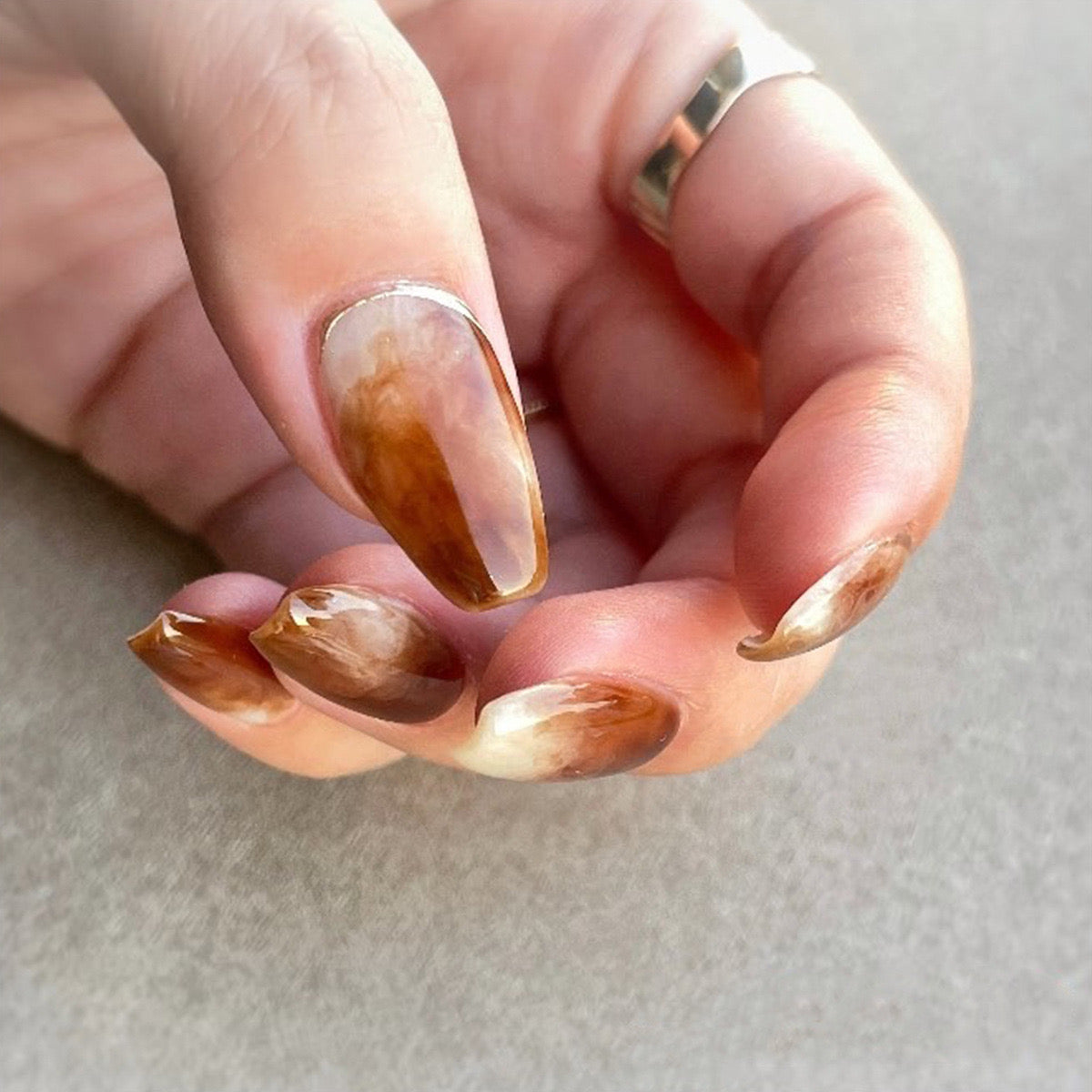 Autumn Alchemy: Medium Almond Marbled Brown Press On Nails with Iridescent Sheen
