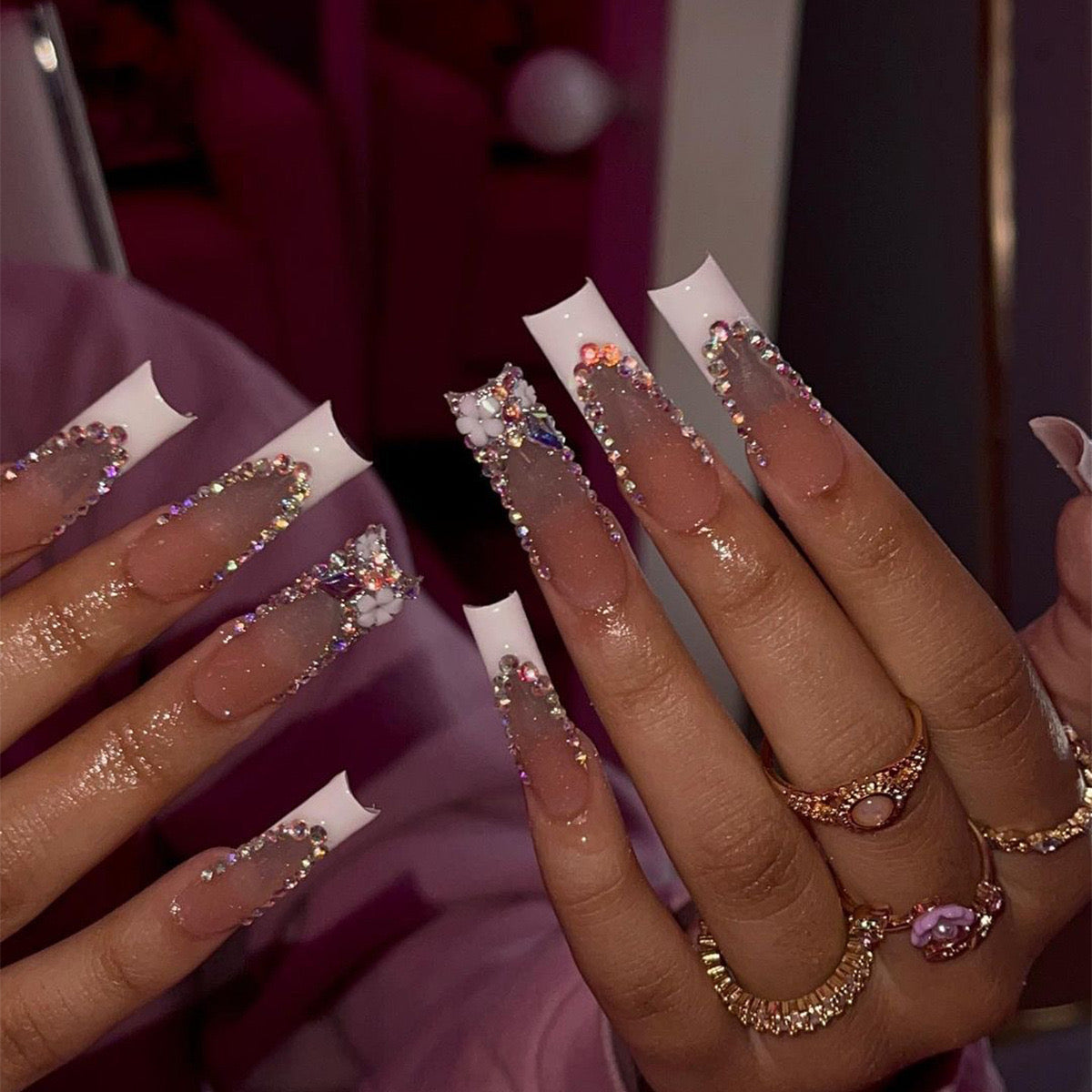 Enchanted Evening Extra-Long Coffin Beige Press-On Nails with Rhinestone Accents and White Tips