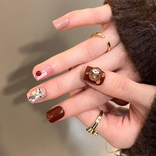 Teddy Bear Picnic Medium Square Brown and Beige Press On Nails with Cute Bear Design and Silver Accents