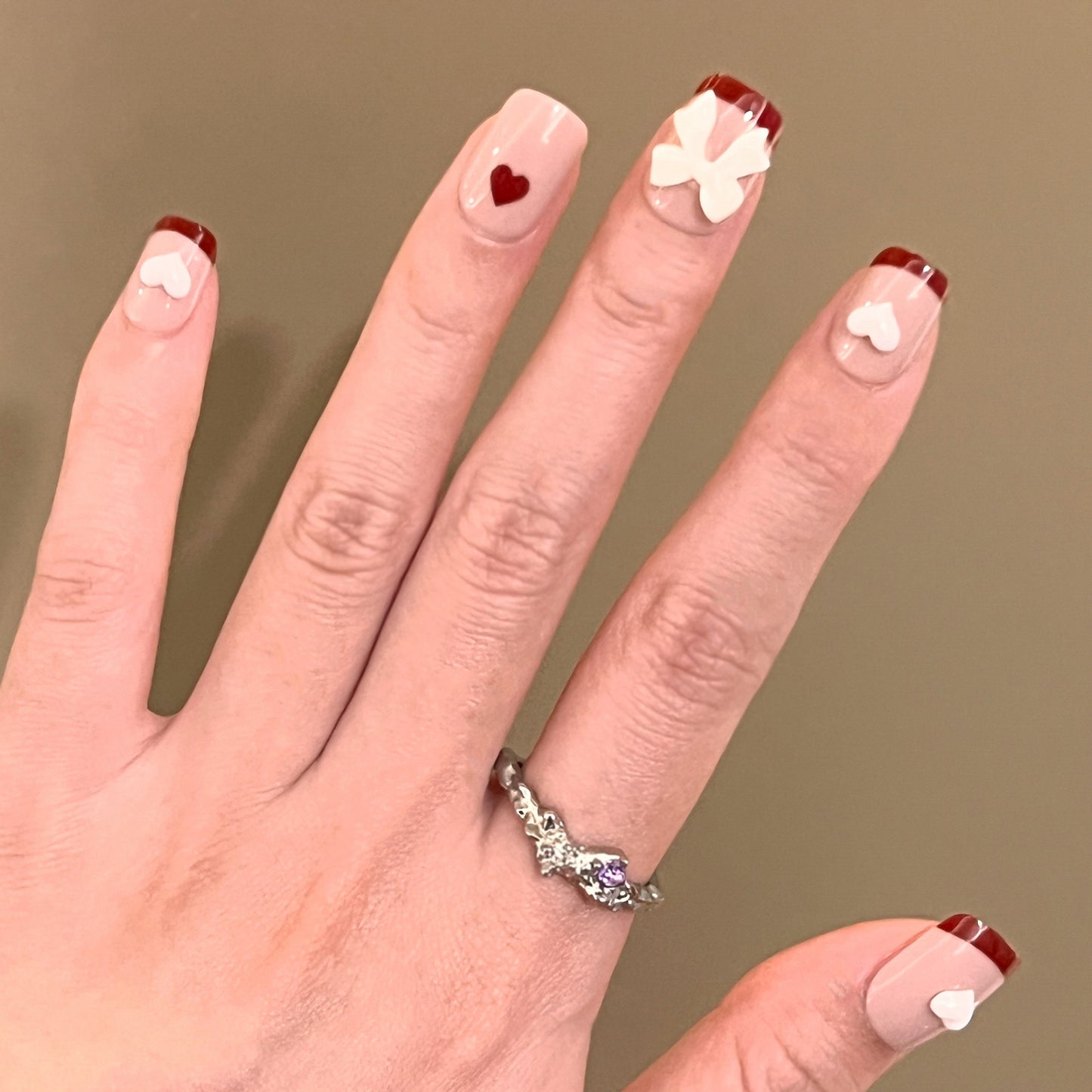 Romantic Rendezvous Short Square Beige Press-On Nails with Maroon Tips and Heart Accents