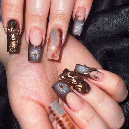 Galactic Glow Long Coffin Midnight & Copper Press-On Nails with Celestial Accents