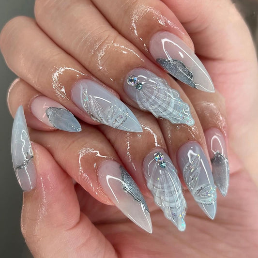 Ice Queen  Long Stiletto Translucent Press-On Nails with Silver Accents and Crystal Embellishments