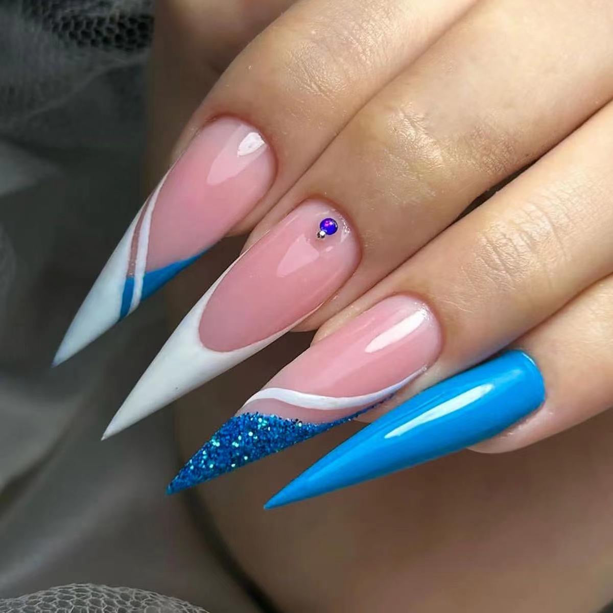 Oceanic Ombre Extra Long Stiletto Glossy Blue and White Press-On Nails with Glitter Accent