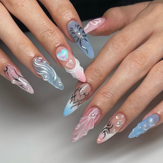 Enchanted Elegance Extra Long Almond Pastel Press-On Nails with 3D Art and Pearlescent Accents