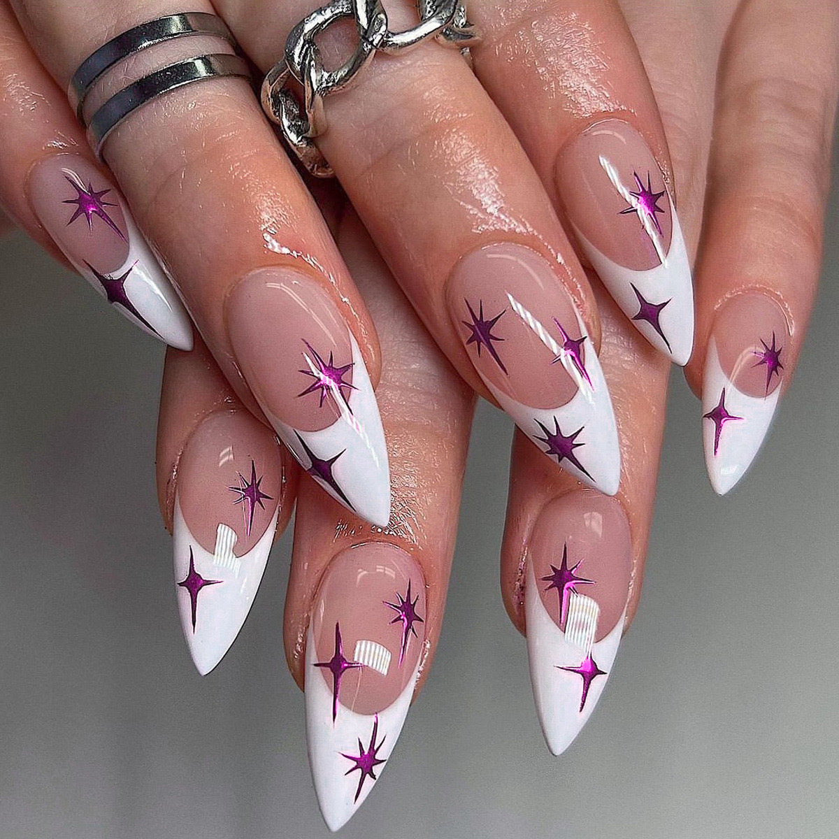Galactic Glamour Extra Long Stiletto Milky White Press-On Nails with Purple Star Accents