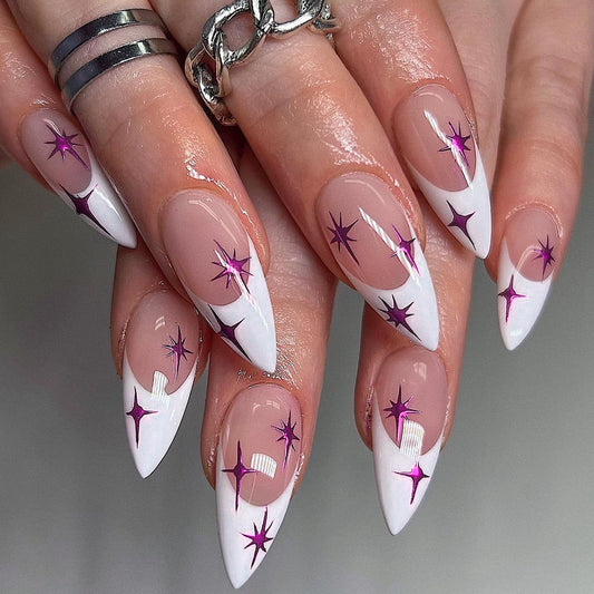 Galactic Glamour Extra Long Stiletto Milky White Press-On Nails with Purple Star Accents