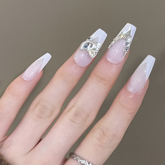 Elegant Bridal Long Coffin Press-On Nails in Soft Lilac with Crystal Charms and Silver Accents