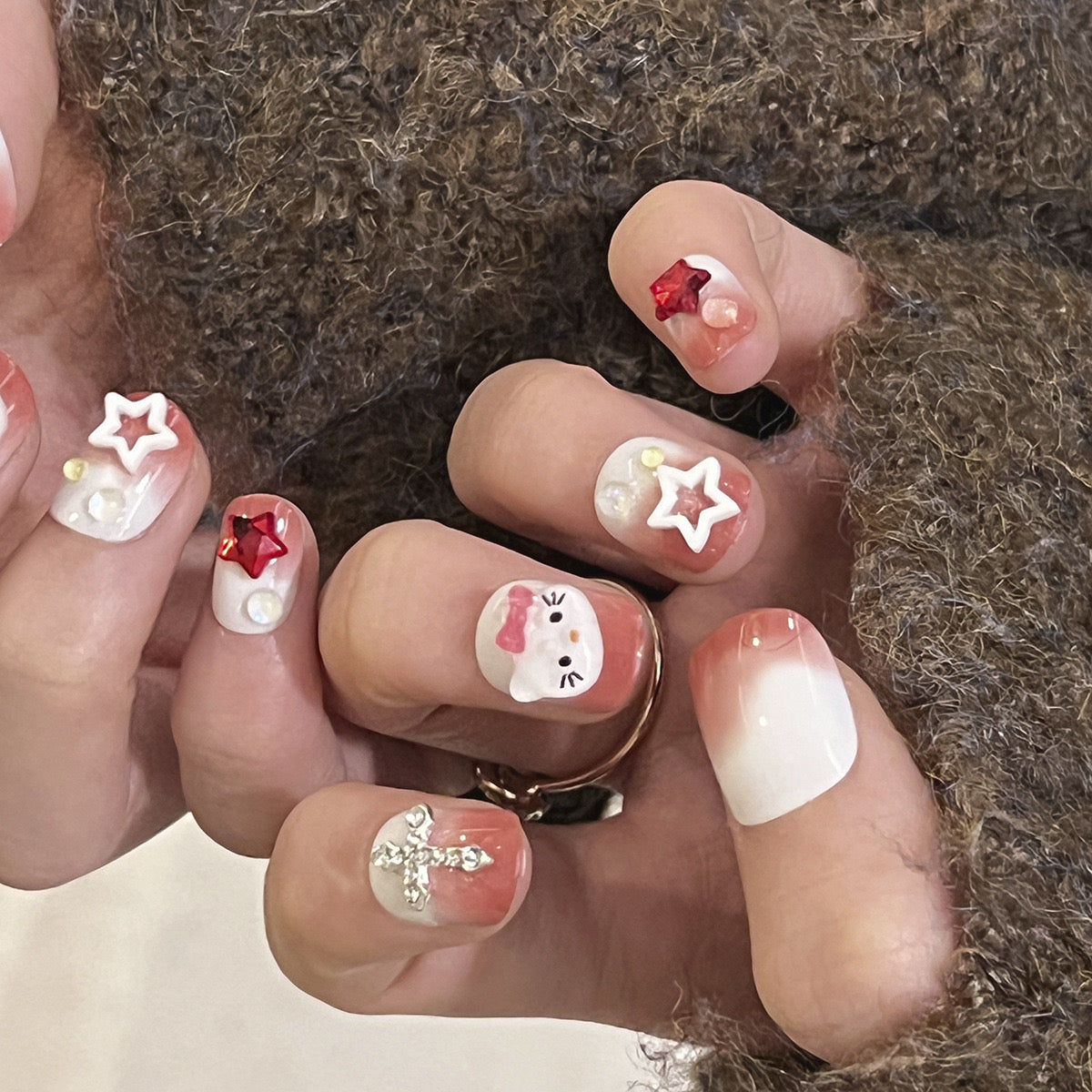 Whimsical Winter Medium Squoval Press On Nails In French Tip Design With Red And White Embellishments And Star Accents