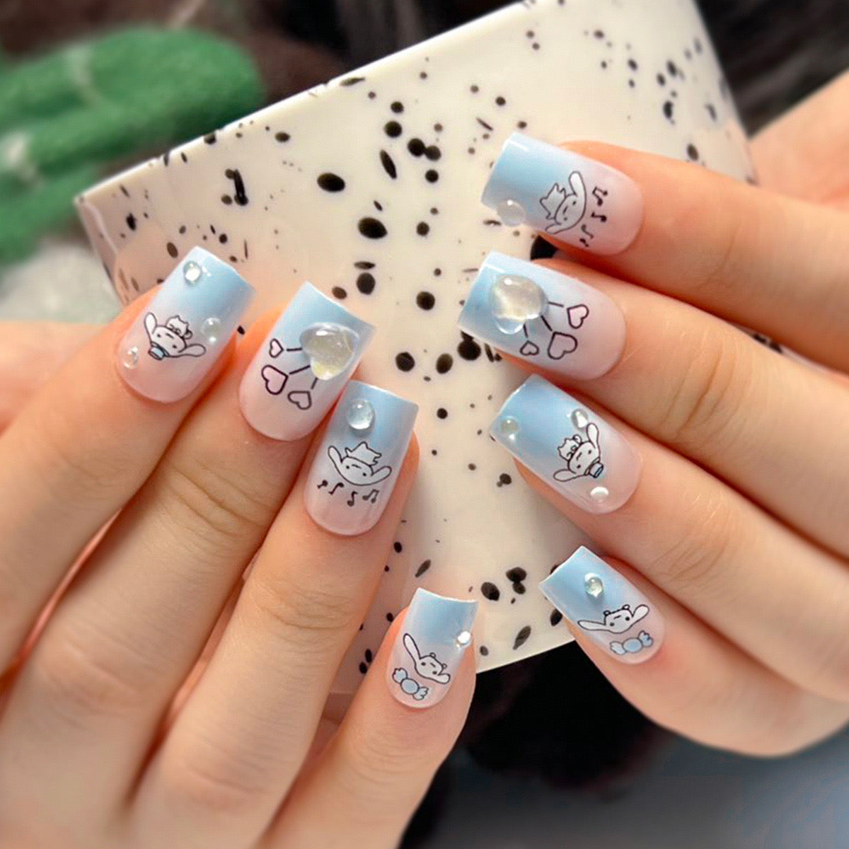 Playful Paws Medium Square Baby Blue Press On Nails with Cute Bunny Designs and Crystal Accents
