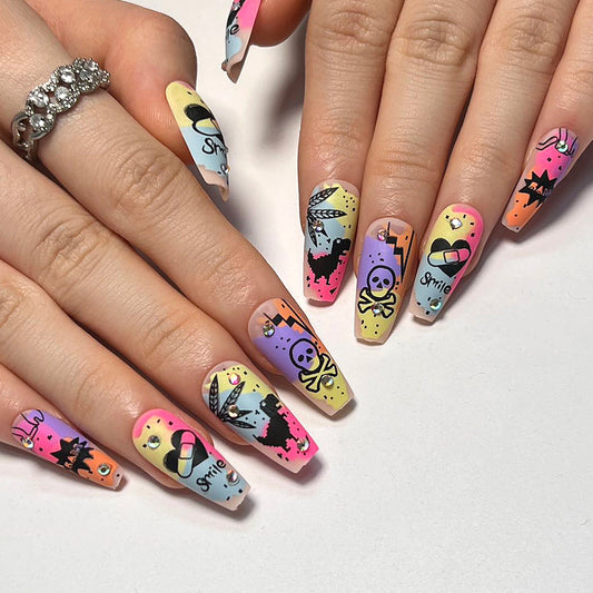 Funky F√î√∏Œ©te Extra Long Coffin Multicolor Graffiti Art Press-On Nails with Playful Emojis and Glitter Accents