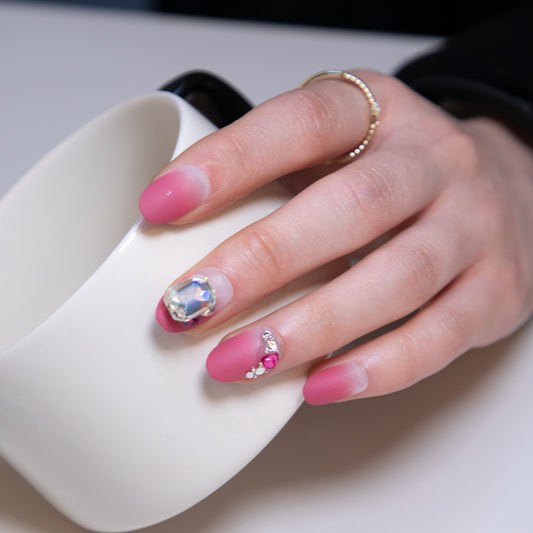Chic Ombre Medium Oval Pink Press-On Nails with Gemstone Embellishments