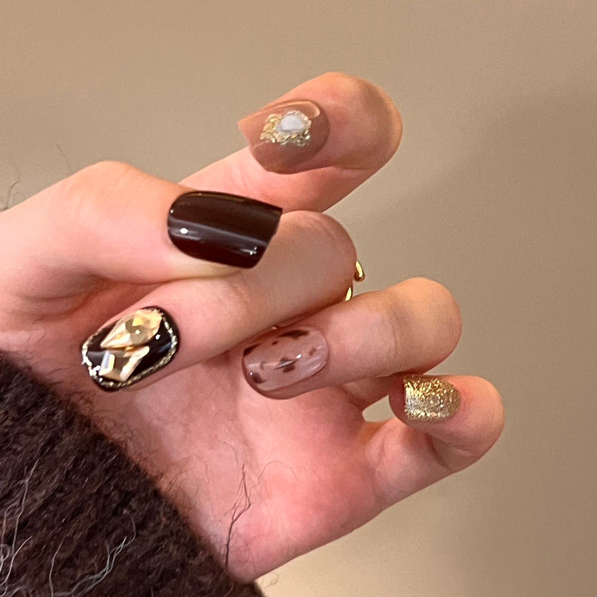 Glamour Night Medium Square Black and Taupe Press-On Nails with Glitter Accents and Jewel Embellishments