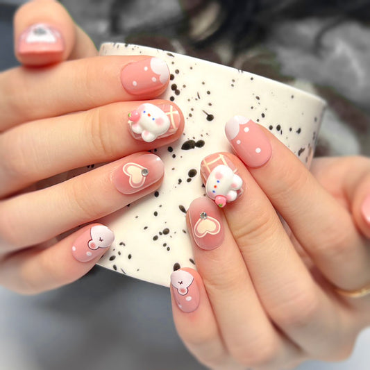 Sweet Delight Short Oval Soft Pink Press On Nails With 3D Bear Charms And Polka Dot Accents