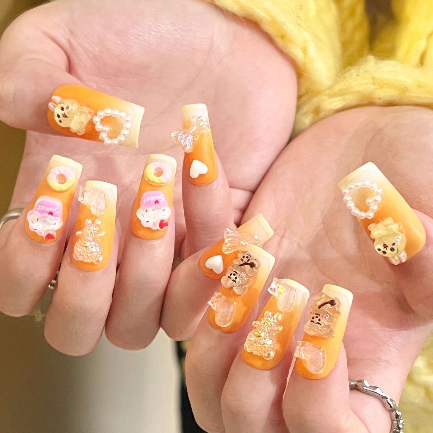 Sunny Delight Medium Length Coffin Orange Gradient Press-On Nails with 3D Bear Art and Pearls