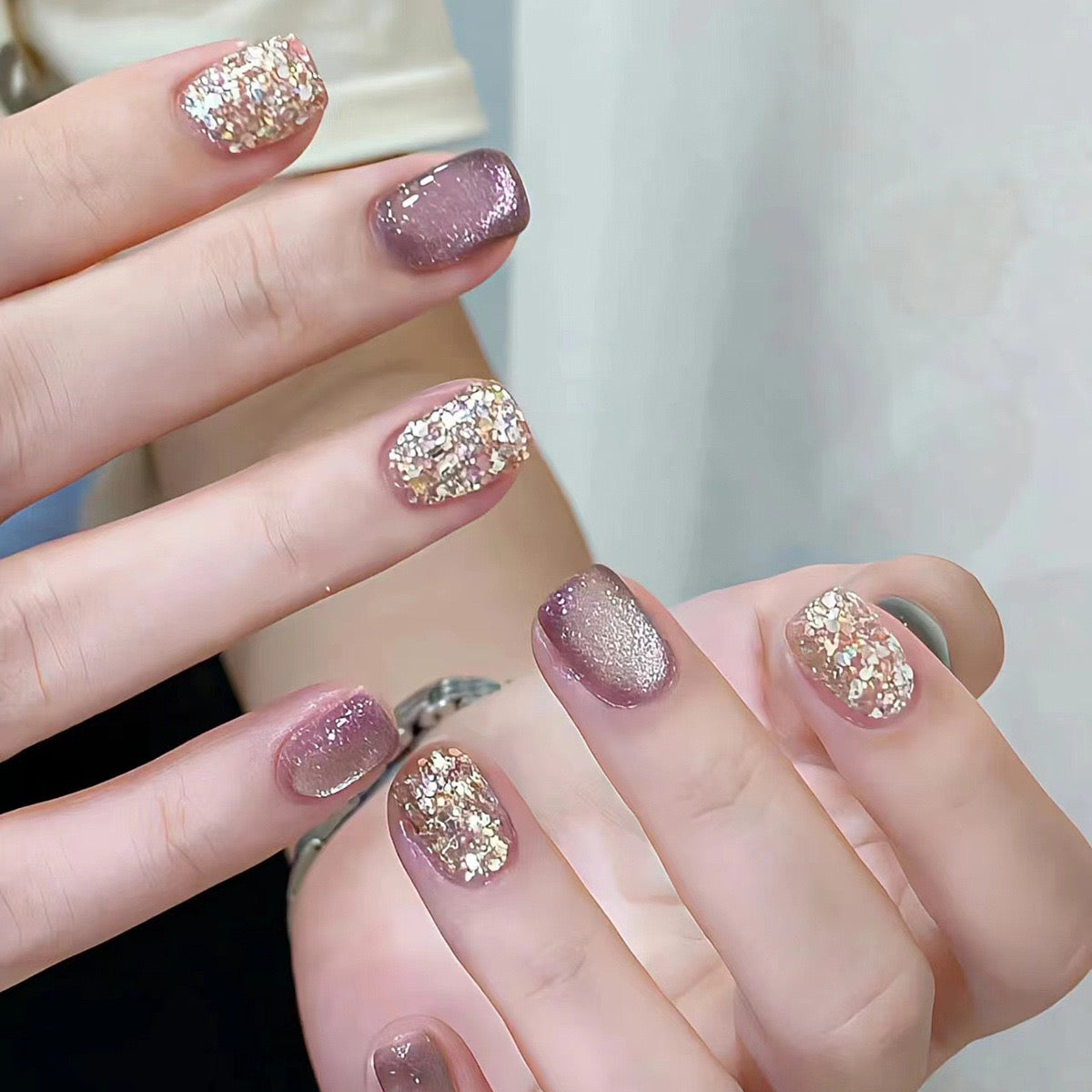 Lavish Touch Short Square Lavender Glitter Press On Nails with Gold Flake Highlights