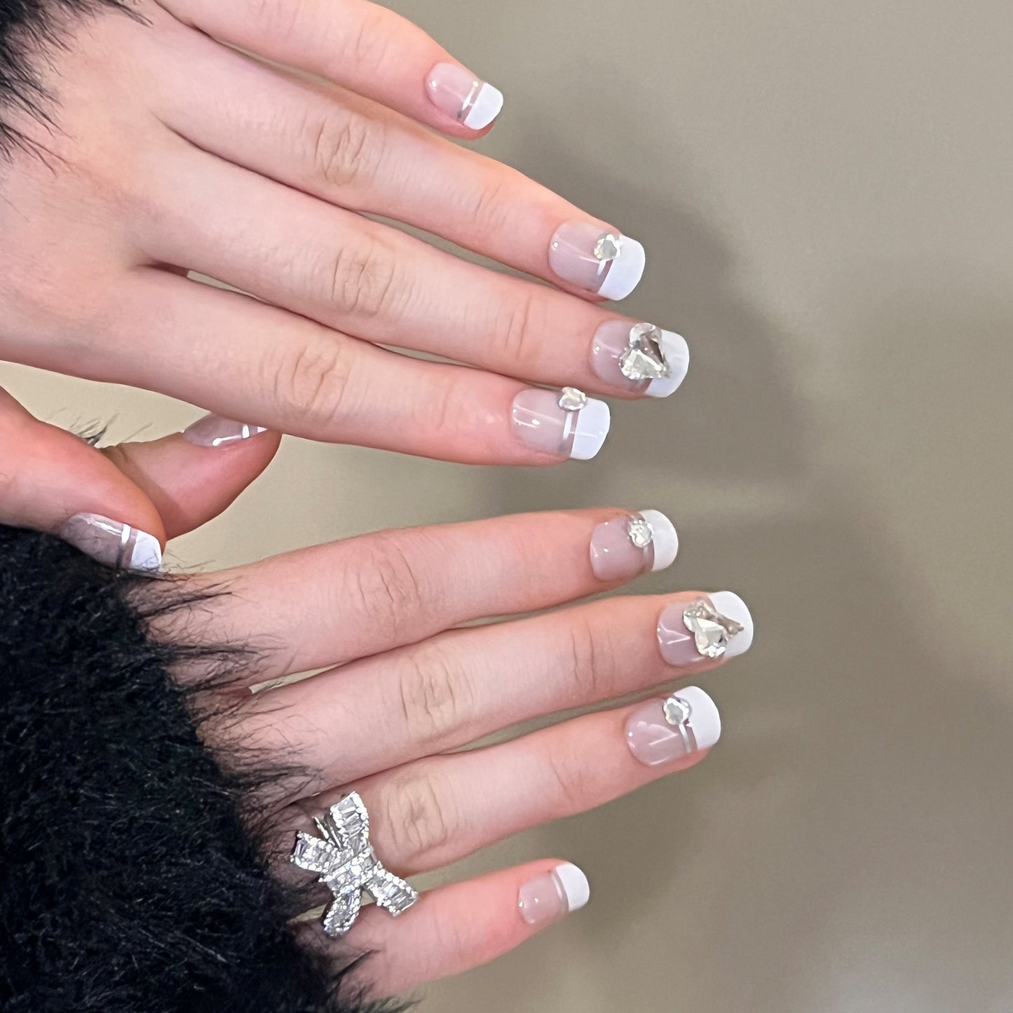 Elegant Affair Medium Square French Tip Press-On Nails with Crystal Embellishments