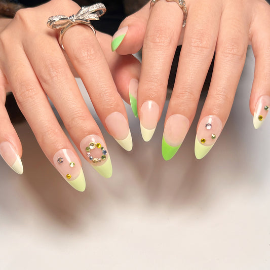 Spring Fling Long Almond Dual-Toned French Tip Press-On Nails with Gemstone Embellishments