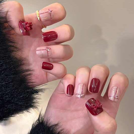 Valentine Vignette Medium Square Burgundy Press-On Nails with Crystal Embellishments and Sheer Accents