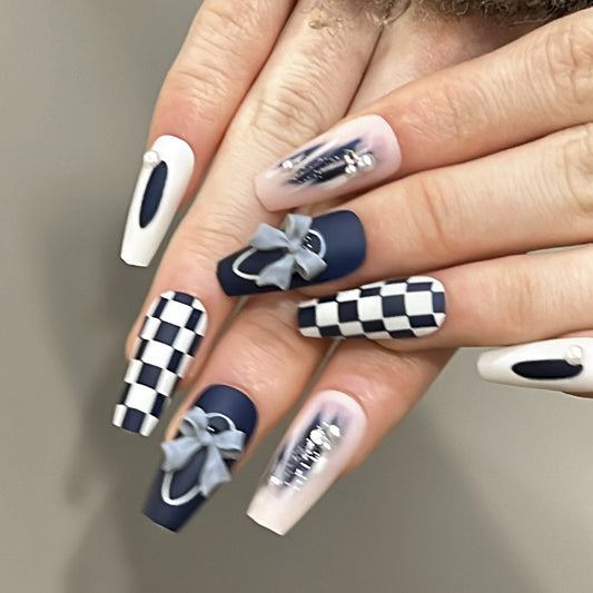 Racing Rendezvous Long Coffin Navy and White Press-On Nail Set with Checkered Pattern and Bow Details