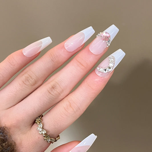 Elegant Blush Long Coffin French Tip Press-On Nail Set with Pink Base and Rhinestone Crescents
