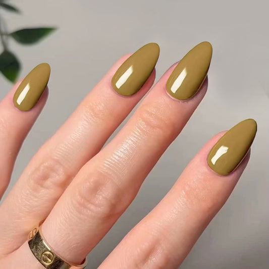 Urban Olive Long Stiletto Press-On Nails with Glossy Finish and Chic Solid Color