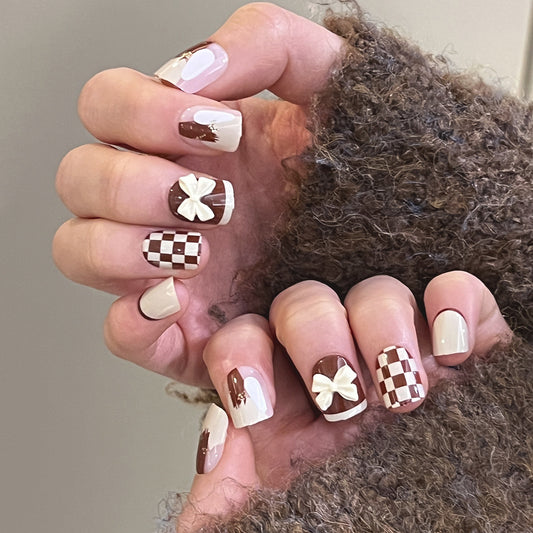 Choco Latte Medium Square Press-On Nail Set with Checkered Pattern, Bow Accents, and Glossy Finish