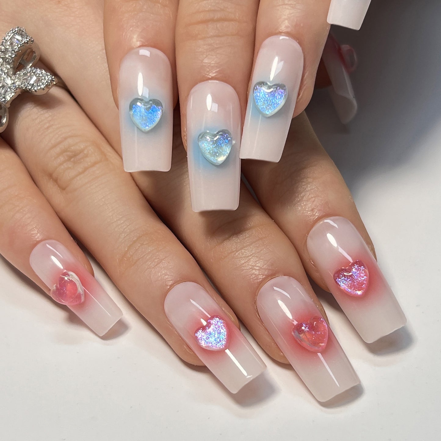 Enchanted Elegance Long Square Translucent Press-On Nails with Blue and Pink Heart Glitter Accents