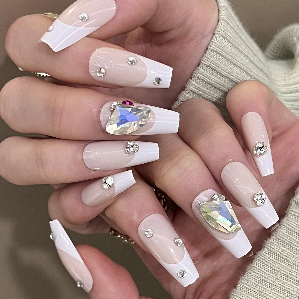 Glamour Glitz Long Coffin Beige Press-On Nail Set with Large Crystal Accents and Rhinestone Embellishments