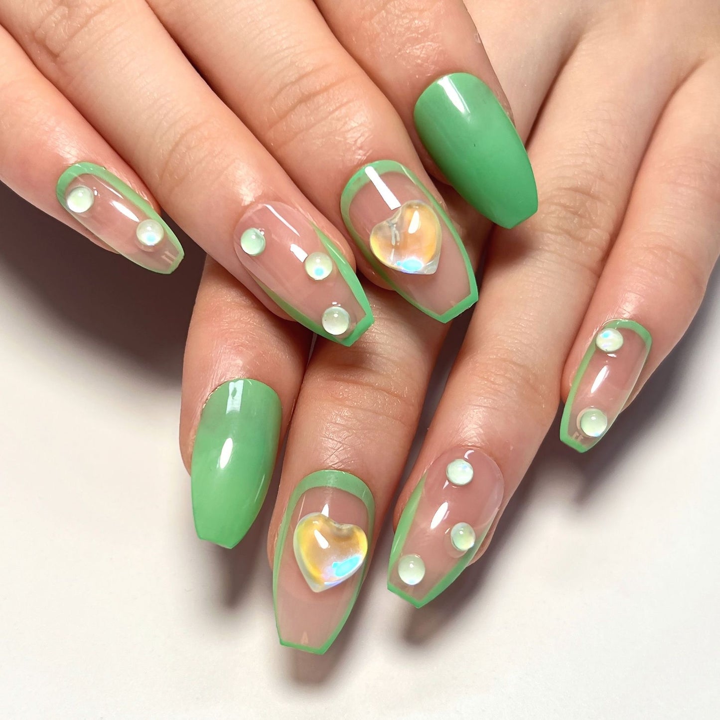 Springtime Medium Coffin Vibrant Green Press-On Nails with Opalescent Accents and Pearl Embellishments