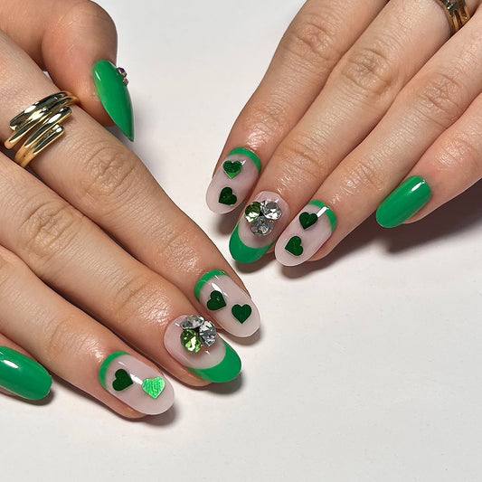 Vibrant Medium Round Emerald Green Press-On Nails with Rhinestone Embellishments and Heart Designs