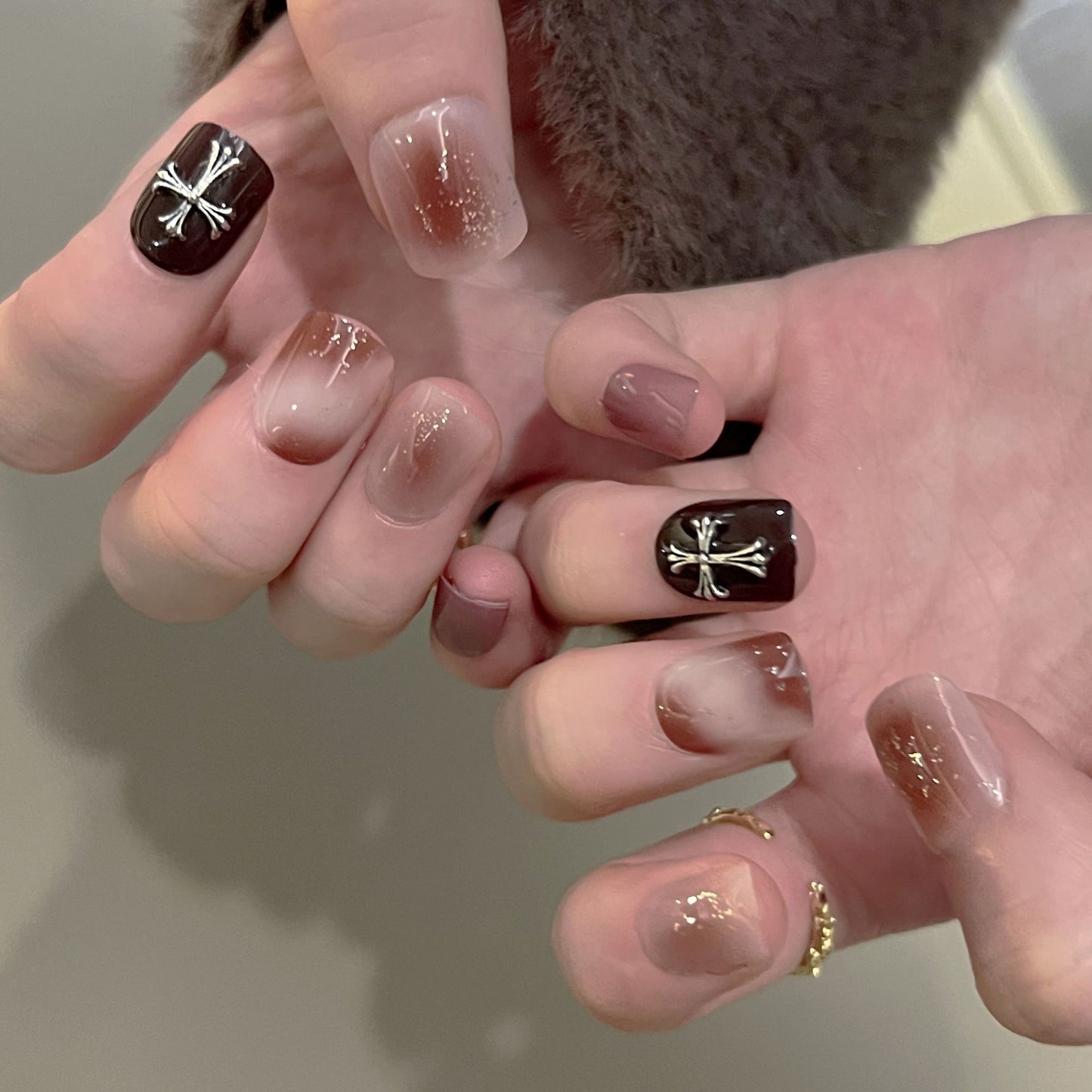 Chic Short Square Transparent Gradient Press-On Nails with Dark Espresso Accents and Starburst Design