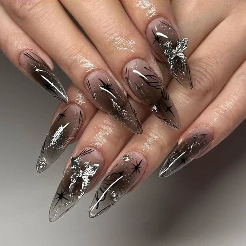 Delicate Flutter Long Almond Translucent Press-On Nails with Butterfly Appliqu‚âàŒ©s and Iridescent Accents