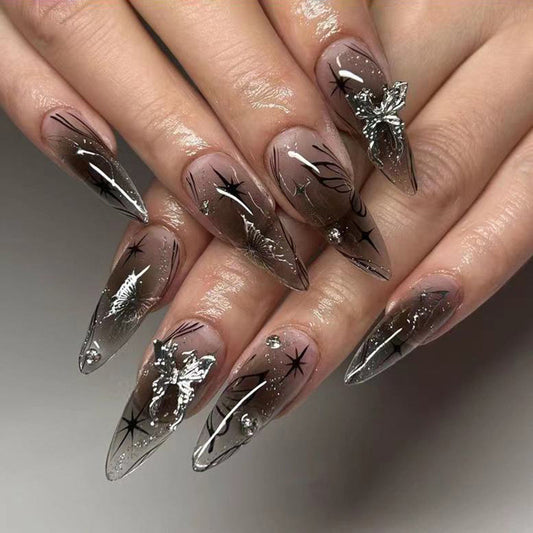 Delicate Flutter Long Almond Translucent Press-On Nails with Butterfly Appliqu‚âàŒ©s and Iridescent Accents