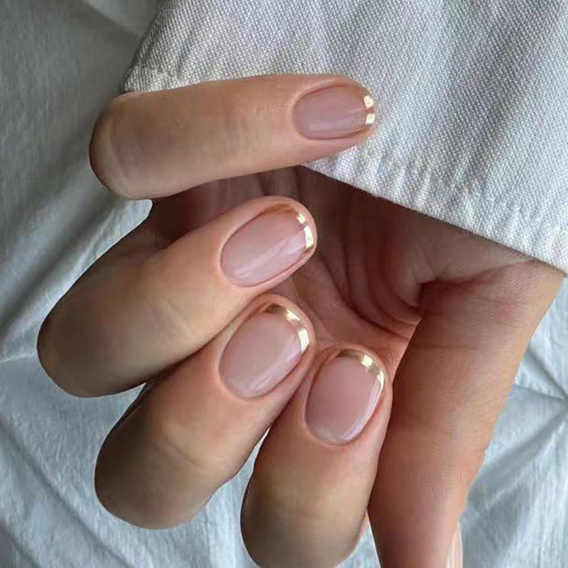Simply Elegant Short Oval Beige Press-On Nails with Rose Gold Tips