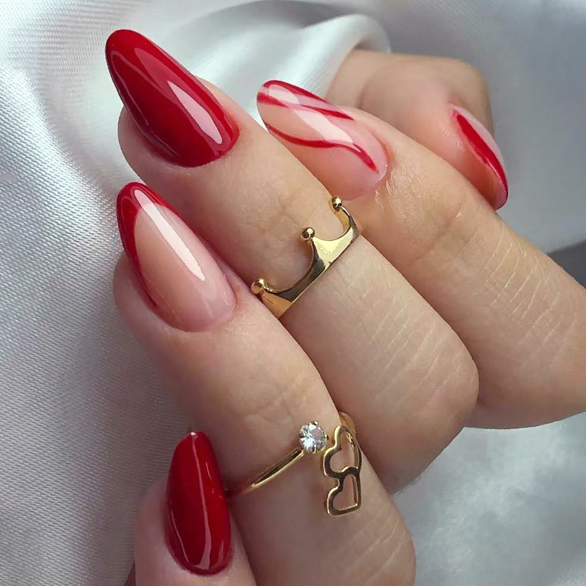 Passionate Affair Long Almond Vibrant Red Press-On Nails with Marbled Accent