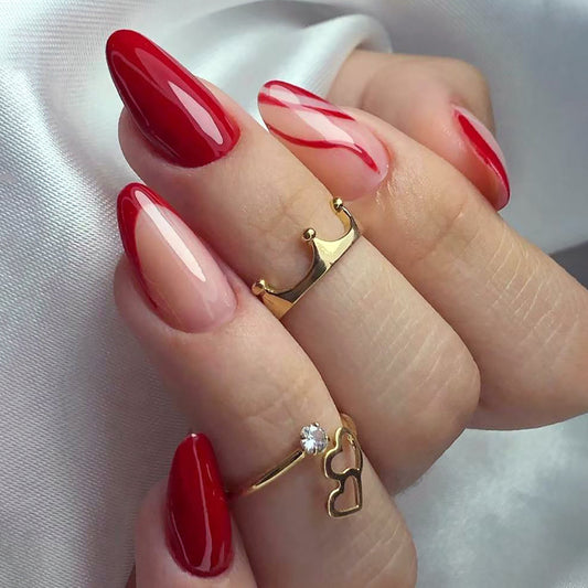 Passionate Affair Long Almond Vibrant Red Press-On Nails with Marbled Accent