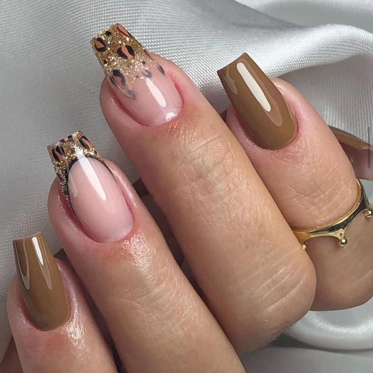 Autumn Chic Medium Coffin Taupe Press On Nails with Gold Glitter Accents