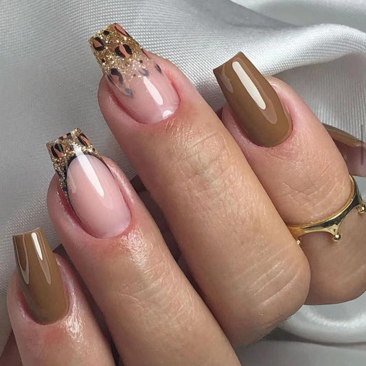 Autumn Chic Medium Coffin Taupe Press On Nails with Gold Glitter Accents