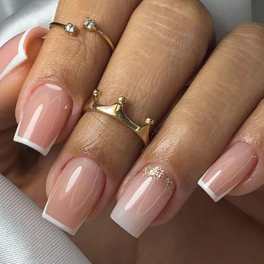 Timeless Glamour Medium Square Soft Pink Press-On Nails with Glitter Accent