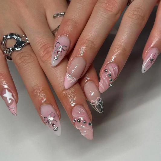 Enchanted Ballet Long Almond Baby Pink Press On Nails with Bow and Rhinestone Accents